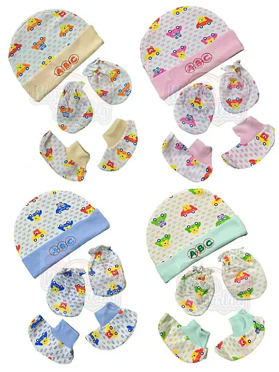 Mom's Darling Newborn Baby Cotton Cap, Mitten and Booties Combo Set | Infant Cap Set | Mittens Set | Bootie Set | Kids Gloves & Socks Set | Baby Gift Set | 0-12 Months | Pack of 4 Sets | Multicolor