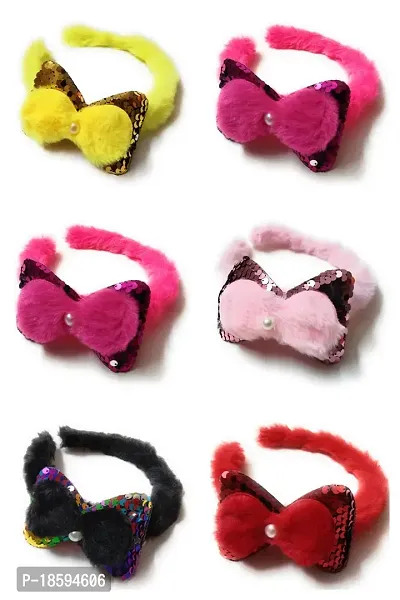 Mom's Darling Hair Accessories, Sequins + Furr Double Bow attached onto the Furry Hairband Headband for Baby Girl/Girls/Women. Pack of 6 piece. Color-MULTICOLOR