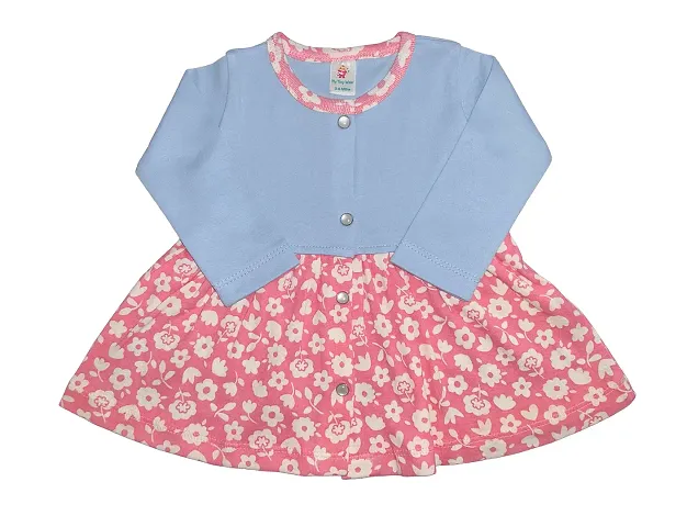 My Tiny Wear Baby Girl Full Sleeve Frock, Midi Dress, Front Open Frock for New Born Girl (Single(Blue), 12-18 months)