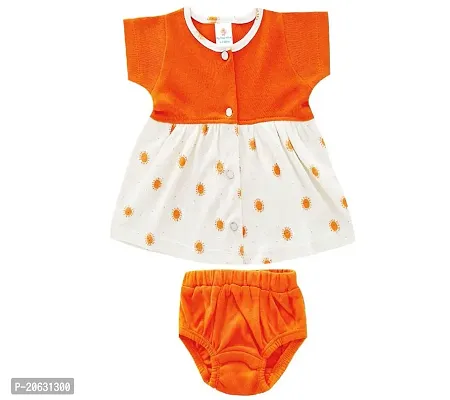 My Tiny Wear Baby Girl Half Sleeve Cotton Frock, Midi Dress with panty, Front Open Frock Set for New Born Girl (Orange, 0-6 months)-thumb0