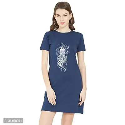 Stylish Navy Blue Cotton Blend Printed T-Shirt Dress For Women