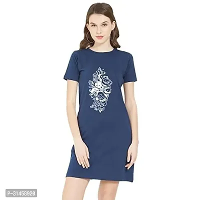 Stylish Navy Blue Cotton Blend Printed T-Shirt Dress For Women