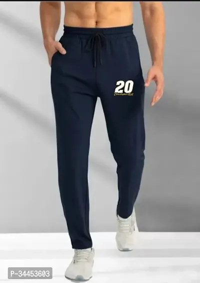 Stylish Navy Blue Cotton Blend Printed Regular Fit Track Pants For Men-thumb0