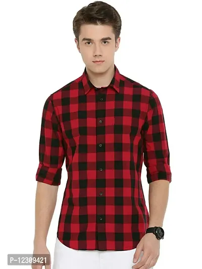 Trend Transfit Men's Checkered Slim fit Casual Shirt (Large, Red)-thumb0