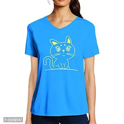 Pooplu Graphic Printed Women Tshirt Cute Cat Cotton Printed V Neck Half Sleeves Animal, Cute Animal Tees and Tshirts (Turquoise_Small)
