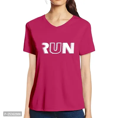 Pooplu Women's Regular Fit Run Text Cotton Graphic Printed V Neck Half Sleeves Multicolour Tshirt. Pootlu Exercise  Jogging Tshirt.(Oplu_DarkPink_Small)