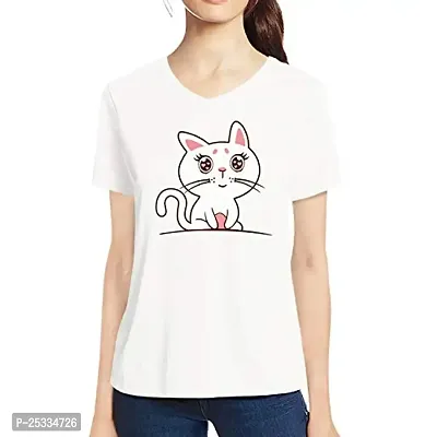 Pooplu Graphic Printed Women Tshirt Cute Cat Cotton Printed V Neck Half Sleeves Animal, Cute Animal Tees and Tshirts (White_XX-Large)