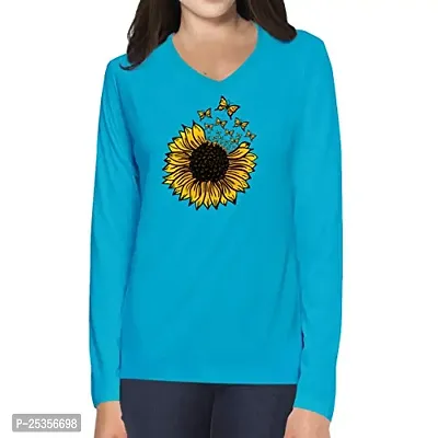 OPLU Graphic Printed Women Tshirt Sunflower Butterfly Cotton Printed V Neck Full Sleeves Multicolour T Shirt. Trending, Stylish Tshirts
