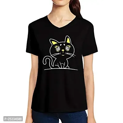 Pooplu Graphic Printed Women Tshirt Cute Cat Cotton Printed V Neck Half Sleeves Multicolour T Shirt. Animal, Cute Animal Tshirts-thumb0