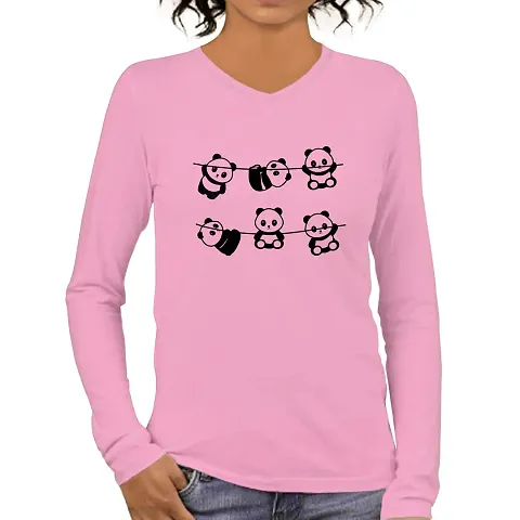 OPLU Women's Regular Fit Tshirt Panda Rope Cotton Printed V Neck Full Sleeves Multicolour T Shirt. Animal, Cute Pootlu Animal Tshirts