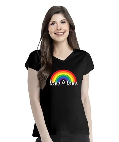 Pooplu Women's Regular Fit Love is Love with Rainbow Design Cotton Printed V Neck Half Sleeves Multicolour Pootlu Tshirt. LGBT Tshirts