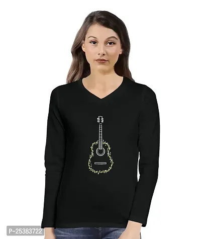 OPLU Women's Regular Fit Guitar line Art Cotton Graphic Printed V Neck Full Sleeves Tshirt. Trendy, Pootlu, Offer, Discount, Sale, (Pooplu_Black_X-Large)