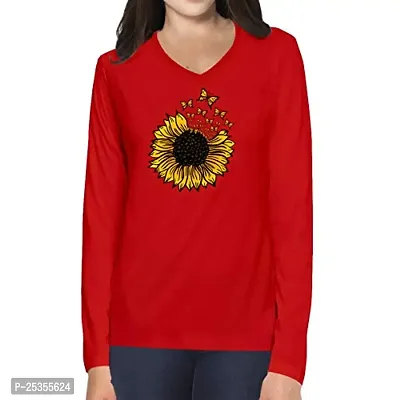 OPLU Graphic Printed Women Tshirt Sunflower Butterfly Cotton Printed V Neck Full Sleeves Multicolour T Shirt. Trending, Stylish Tshirts