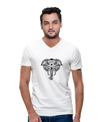 OPLU Men's Regular Fit Mandala Elephant Cotton Graphic Printed V Neck Half Sleeves T-Shirt. Trendy, Pootlu, Offer, Discount, Sale