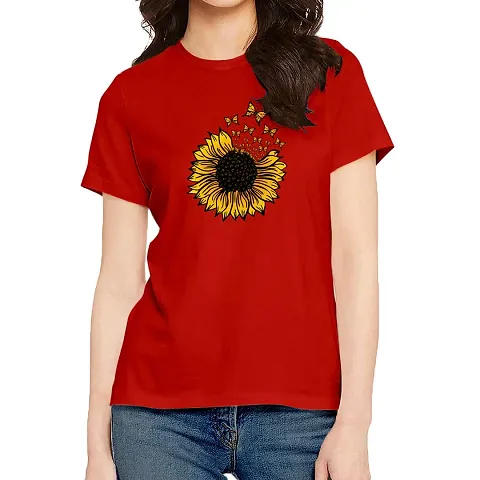 OPLU Women's Regular Fit Sunflower Butterfly Cotton Graphic Printed Round Neck Half Sleeves Trending, Pootlu, Stylish Tees and Tshirts.(Pooplu_Red_Small)