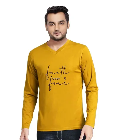 OPLU Men's Regular Fit Faith Over Fear Cotton Graphic Printed V Neck Full Sleeves T-Shirt. Trendy, Pootlu,Offer, Discount, Sale