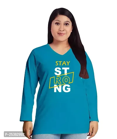 OPLU Women's Regular Fit Stay Strong Cotton Graphic Printed V Neck Full Sleeves Tshirt. Trendy, Pootlu, Offer, Discount, Sale, (Pooplu_DarkBlue_XXX-Large)