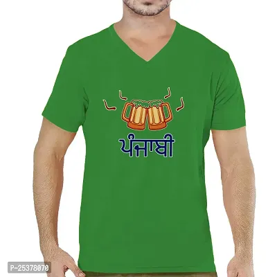 OPLU Men's Punjabi Text Cotton Graphic Printed V Neck Half Sleeves Tshirt. Trendy, Trending Tshirts, Offer, Discount, Sale.(Pooplu_Green_M)
