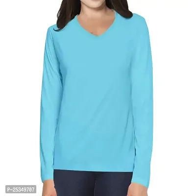 Pooplu Women's Regular Fit Premium Plain 100% Cotton V Neck Full Sleeves Multicolour T Shirt, Casual Plain Tshirts-thumb0