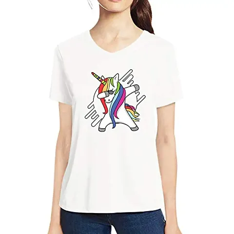Pooplu Womens Unicorn Dab Cotton Printed V Neck Half Sleeves Multicolored Tshirt. Animal Tshirts