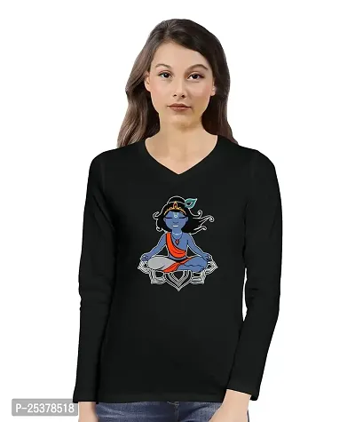 OPLU Women's Regular Fit Krishna Yoga Cotton Graphic Printed V Neck Full Sleeves Yoga Tshirt. Trendy, Trending Tshirts, Offer, Discount, Sale.(Pooplu_Black_2XL)