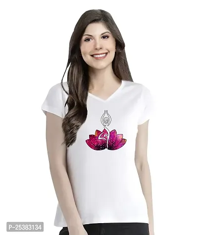 OPLU Women's Regular Fit Lotus Yoga Cotton Graphic Printed V Neck Half Sleeves Tshirt. Trendy, Pootlu,Offer, Discount, Sale, (Pooplu_White_X-Large)