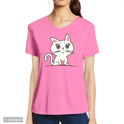 Pooplu Women's Regular Fit Tshirt Cute Cat Cotton Printed V Neck Half Sleeves Multicolour T Shirt. Animal, Cute Pootlu Animal Tshirts-thumb0
