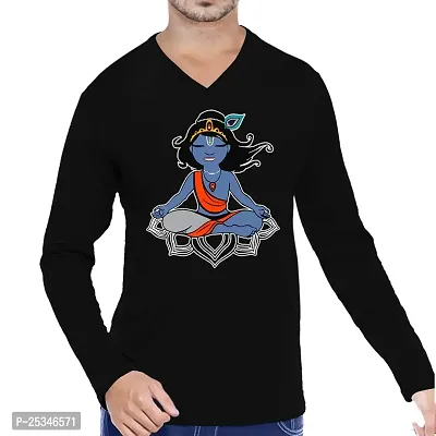 Pooplu Men's Regular Fit Krishna Yoga Cotton Graphic Printed V Neck Full Sleeves Multicolour Yoga Tshirt. Yoga, Gym, Exercise, Fitness, Symbol Pootlu Tshirts.(Oplu_Black_X-Small)