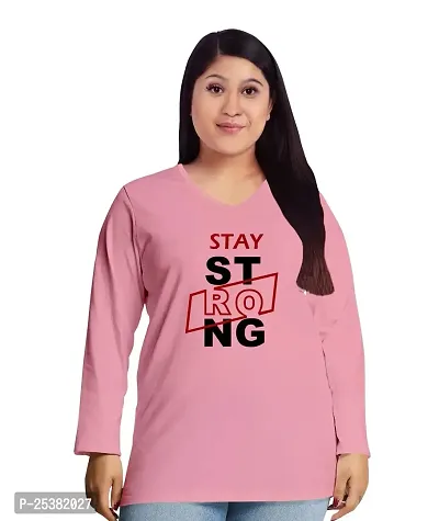 OPLU Women's Regular Fit Stay Strong Cotton Graphic Printed V Neck Full Sleeves Tshirt. Trendy, Pootlu, Offer, Discount, Sale, (Pooplu_Pink_XX-Large)