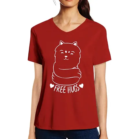 OPLU Women's Regular Fit Free Hugs from Dog Cotton Printed V Neck Half Sleeves Tshirt. Love,Hugs, Care, Trendy, Trending Tshirts, Pootlu.