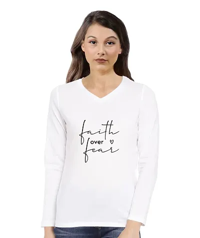 OPLU Women's Regular Fit Faith Over Fear Cotton Printed V Neck Full Sleeves Tshirt. Trendy, Pootlu Trending Tshirts, Offer, Discount, Sale, (Pooplu_White_XL)