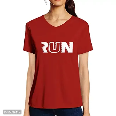 Pooplu Women's Regular Fit Run Text Cotton Printed V Neck Half Sleeves Multicolour Tshirt. Exercise  Jogging Tshirt