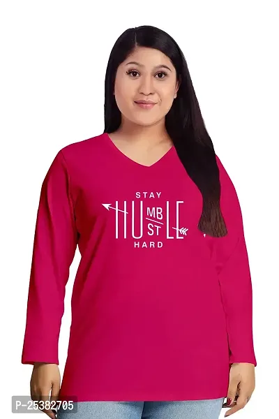 OPLU Women's Regular Fit Plus Size Stay Humble Hustle Hard Cotton Graphic Printed V Neck Full Sleeves Tshirt.Trending Tshirts, Offer, Discount, Sale.(Pooplu_DP_3XL)
