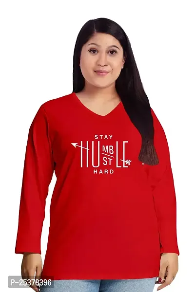 OPLU Women's Regular Fit Plus Size Stay Humble Hustle Hard Cotton Graphic Printed V Neck Full Sleeves Tshirt. Trending Tshirts, Offer, Discount, Sale.(Pooplu_Red_3XL)