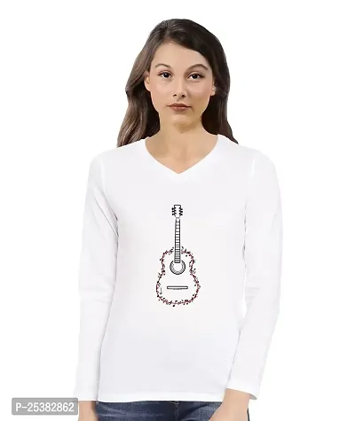 OPLU Women's Regular Fit Guitar line Art Cotton Graphic Printed V Neck Full Sleeves Tshirt. Trendy, Pootlu, Offer, Discount, Sale