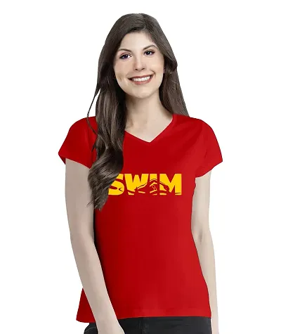 OPLU Women's Regular Fit Swim Cotton Graphic Printed V Neck Half Sleeves Tshirt. Trendy, Trending Tshirts, Offer, Discount, Pootlu, Sale.