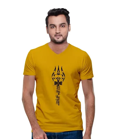 OPLU Men's Regular Fit Mahamrityunjaya Mantra Cotton Graphic Printed V Neck Half Sleeves T-Shirt. Trendy, Pootlu, Offer, Discount, Sale