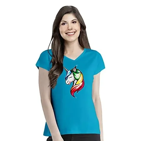 OPLU Graphic Printed Womens Colorful Unicorn Cotton Printed V Neck Half Sleeves Tshirt. Trendy, Trending Tshirts, Offer, Discount, Sale