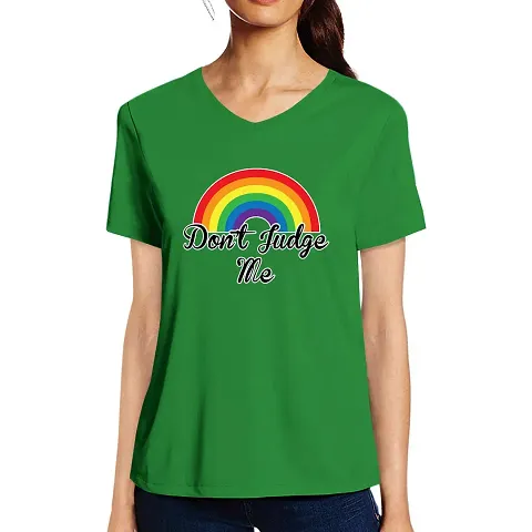 Pooplu Women's Regular Fit Don't Judge Me with Rainbow Design Cotton Printed V Neck Half Sleeves Multicolour Pootlu Tshirt. LGBT Tshirts