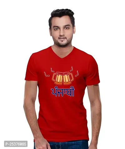 OPLU Men's Punjabi Text Cotton Graphic Printed V Neck Half Sleeves Tshirt. Trendy, Trending Tshirts, Offer, Discount, Sale.(Pooplu_Red_L)