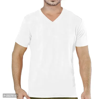 Pooplu Men's Regular Fit Plain 100% Cotton V Neck Half Sleeves Multicolour Pootlu T Shirt. Stylish, Trendy, Casual Plain Tshirts.(Oplu_White_X-Small)-thumb0