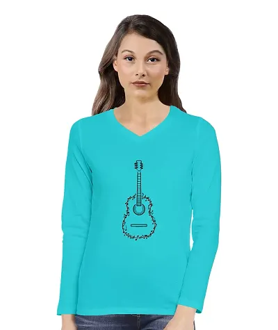 OPLU Women's Regular Fit Guitar line Art Cotton Graphic Printed V Neck Full Sleeves Tshirt. Trendy, Pootlu, Offer, Discount, Sale