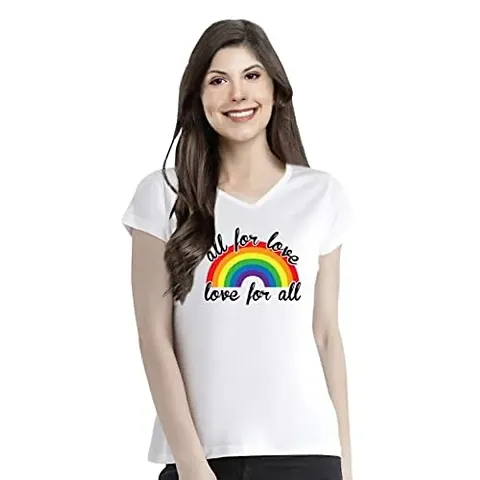 Womens All for Love, Love for All with Rainbow Design Cotton Printed V Neck Half Sleeves Multicolour Tshirt. LGBT Tshirts