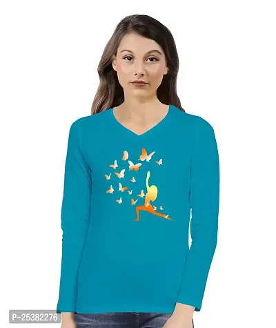 OPLU Women's Regular Fit Yoga Girl Butterfly Cotton Graphic Printed V Neck Full Sleeves Tshirt. Trendy, Pootlu Trending Tshirts, Offer, Discount, Sale, (Pooplu_DarkBlue_XX-Large)