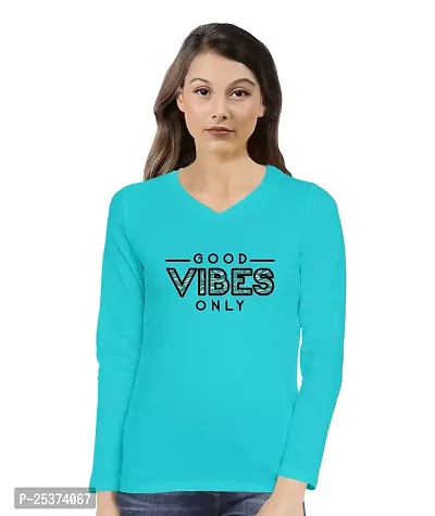 OPLU Women's Regular Fit Good Vibes only Cotton Graphic Printed V Neck Full Sleeves Tshirt. Trendy, Trending Tshirts, Offer, Discount, Sale.(Pooplu_Lightblue_XL)-thumb0