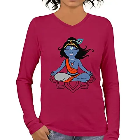 OPLU Graphic Printed Womens Krishna Yoga Cotton Printed V Neck Full Sleeves Tshirt. Trendy, Trending Tshirts, Offer, Discount, Sale