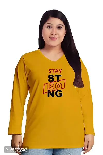 OPLU Women's Regular Fit Plus Size Stay Strong Cotton Graphic Printed V Neck Full Sleeves Tshirt. Trending Tshirts, Offer, Discount, Sale.(Pooplu_Yellow_3XL)