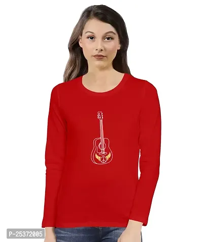 OPLU Women's Regular Fit Peace Guitar Cotton Graphic Printed Round Neck Full Sleeves Tshirt. Trendy, Trending Tshirts, Offer, Discount, Sale.(Pooplu_Red_S)-thumb0