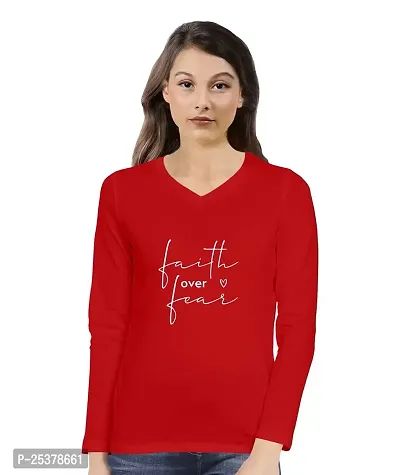OPLU Women's Regular Fit Faith Over Fear Cotton Graphic Printed V Neck Full Sleeves Tshirt. Trendy, Pootlu,Offer, Discount, Sale