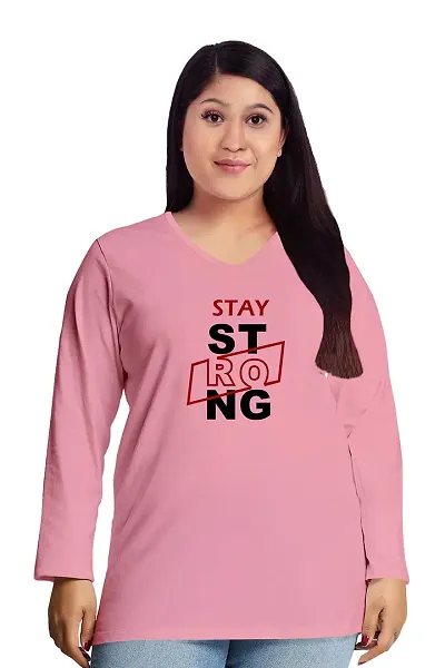 OPLU Women's Regular Fit Stay Strong Cotton Graphic Printed V Neck Full Sleeves Tshirt. Trendy, Pootlu, Offer, Discount, Sale